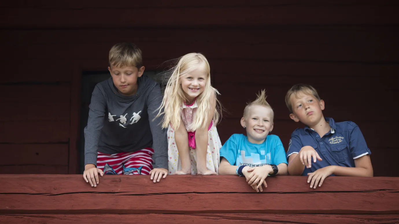 Barn vid röd träbyggnad vid Jan Karlsgården på Åland.